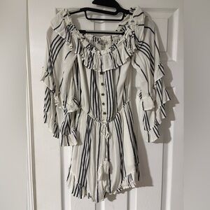 American Eagle Outfitters Blue and White Ruffle Romper